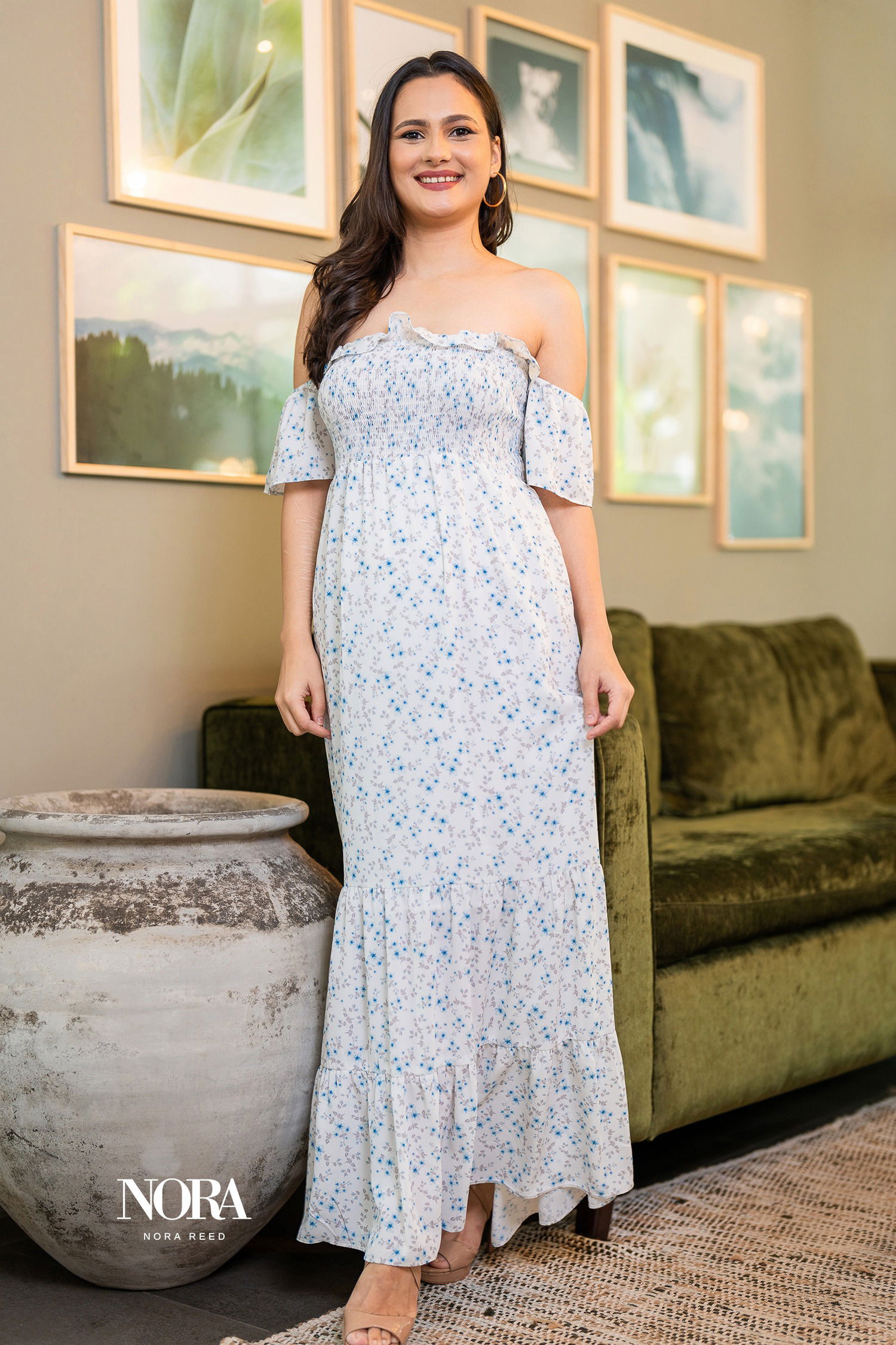 Buy elegant printed smocked frill hem maxi dress at Nora Reed